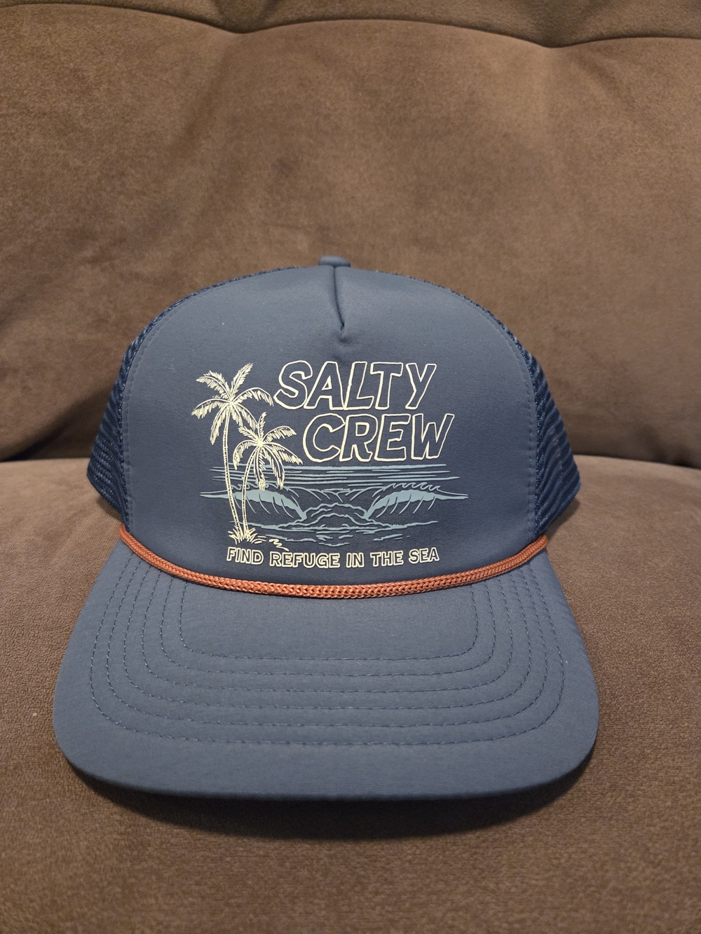 Salty Crew Navy Trucker Hat with Orange Rope Detail